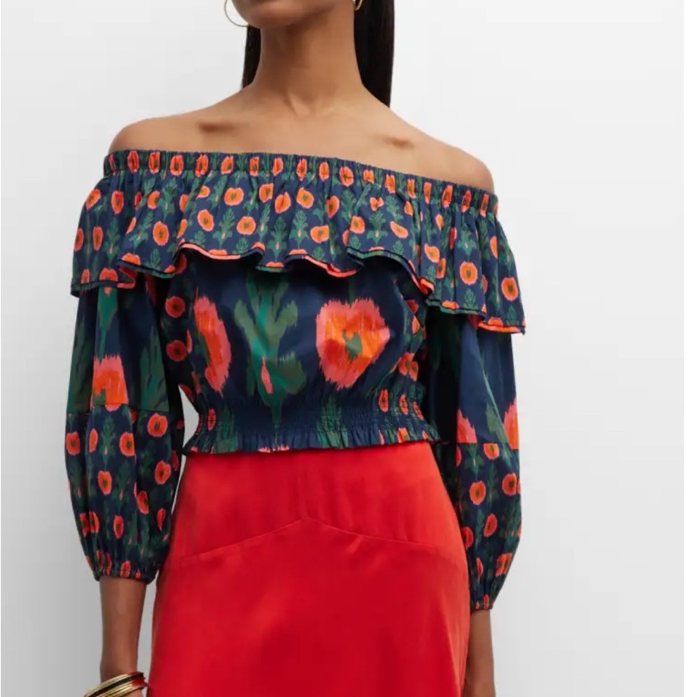 Figue Maren Floral-Print Ruffle Off-The-Shoulder Crop Top Navy and Red